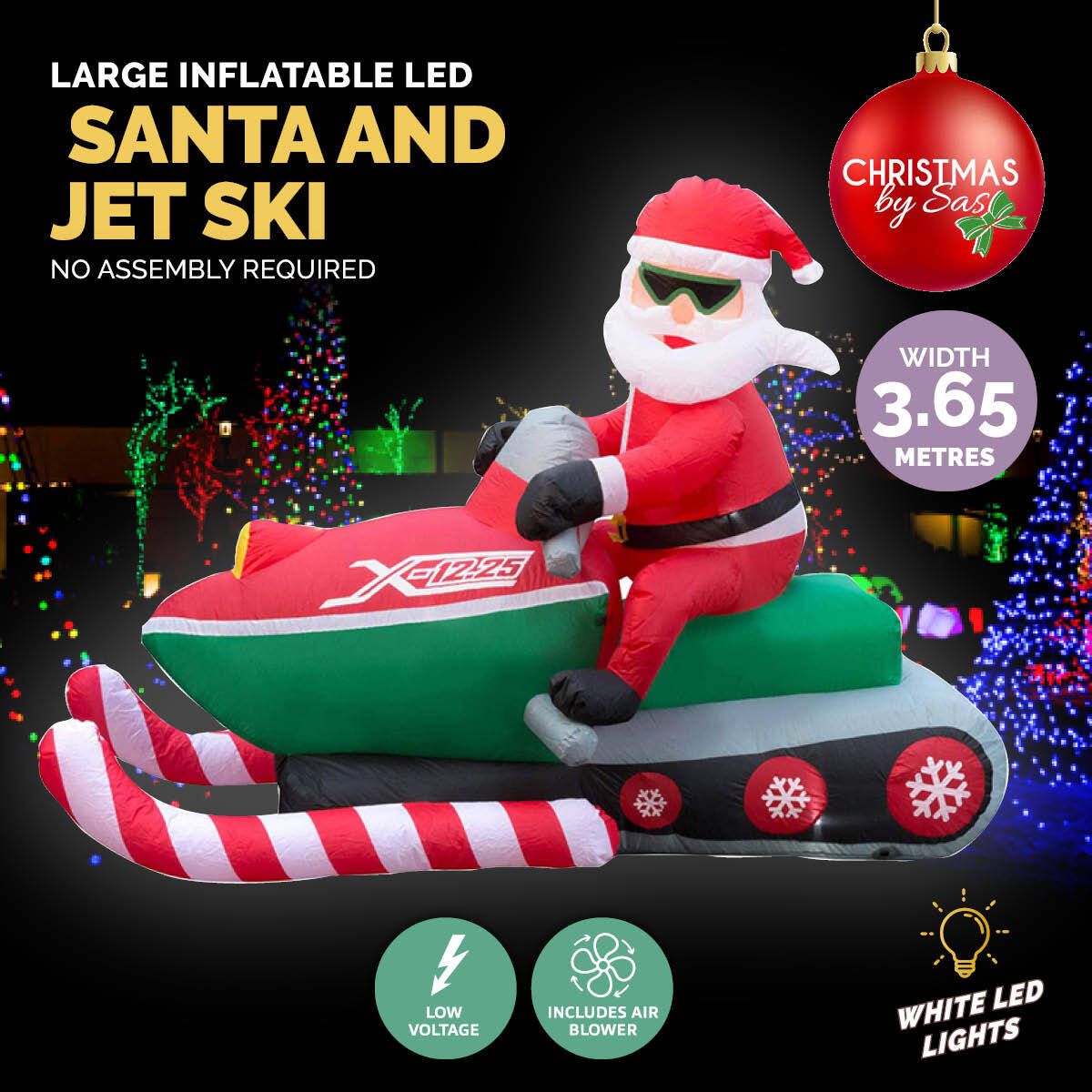 A large inflatable Santa Claus riding a jet ski, illuminated with bright LED lights, set up outdoors for Christmas decoration.