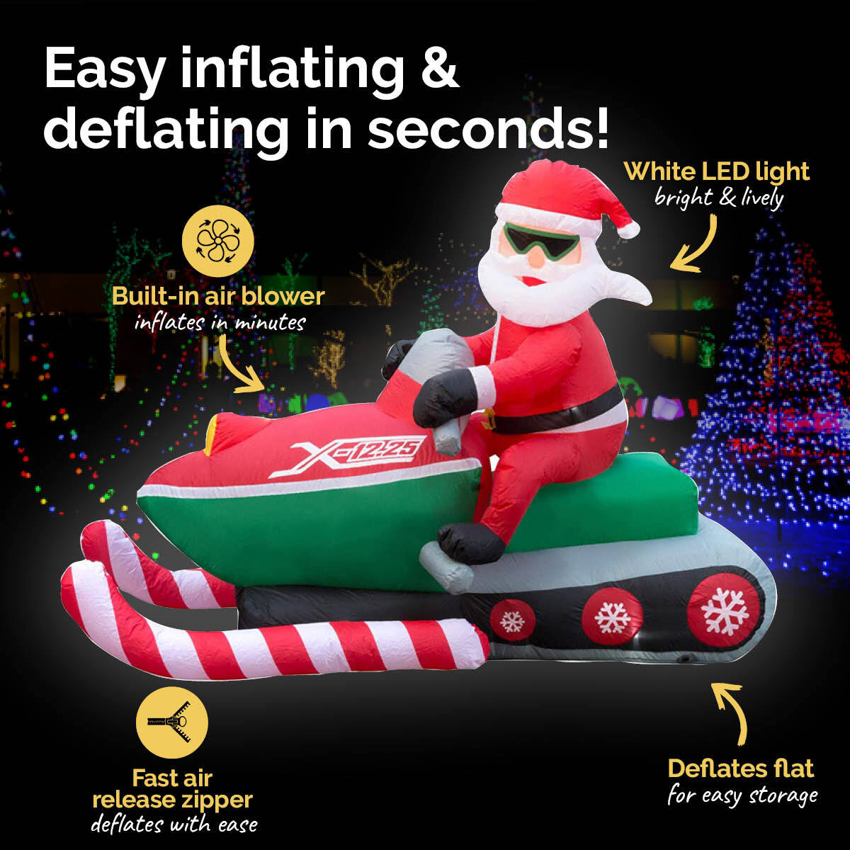 A large inflatable Santa Claus riding a jet ski, illuminated with bright LED lights, set up outdoors for Christmas decoration.