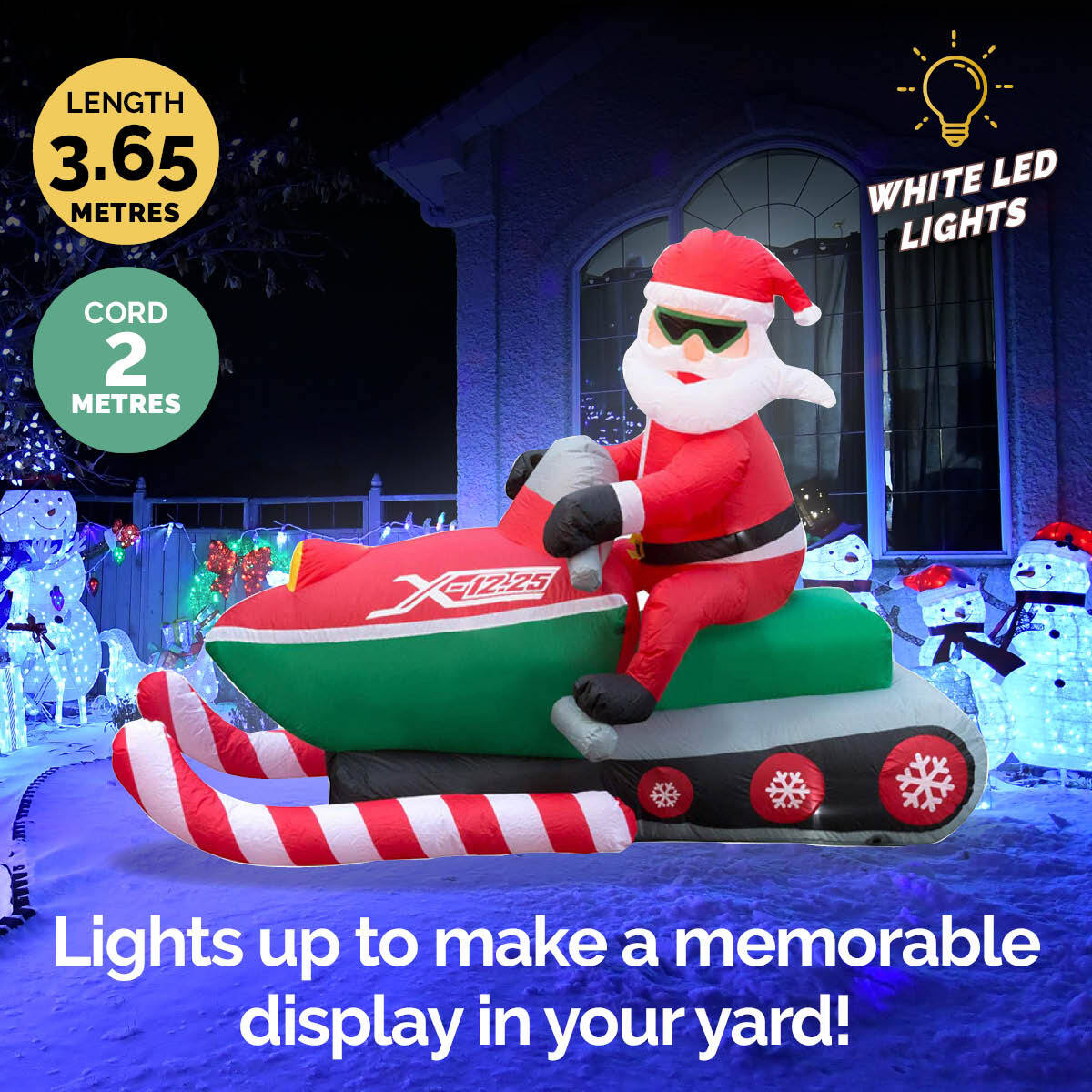 A large inflatable Santa Claus riding a jet ski, illuminated with bright LED lights, set up outdoors for Christmas decoration.