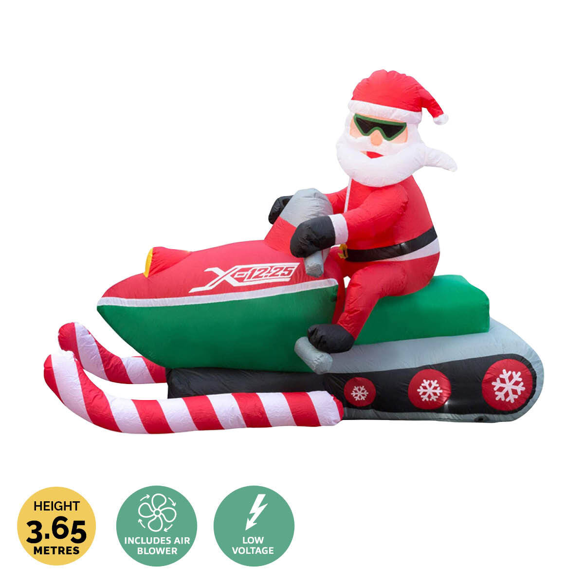 A large inflatable Santa Claus riding a jet ski, illuminated with bright LED lights, set up outdoors for Christmas decoration.