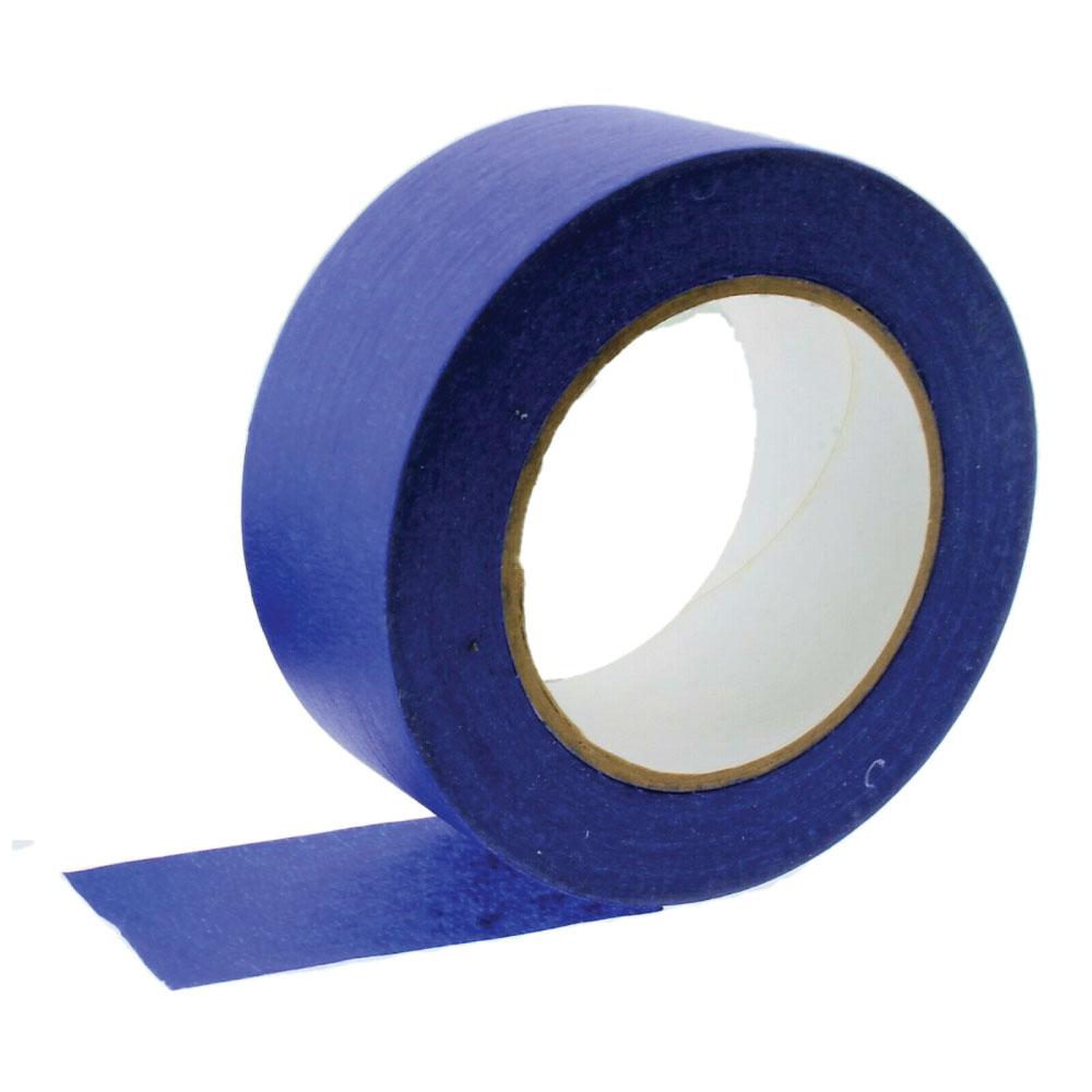 36 rolls of blue masking tape, each 48mm wide and 50m long, ideal for outdoor painting and UV resistant.