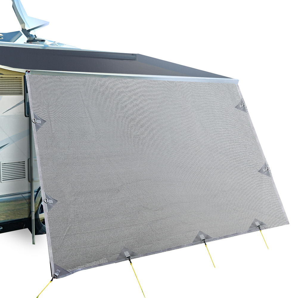 3.7M Caravan Privacy Screen attached to a caravan awning, providing shade and privacy in a camping setting.