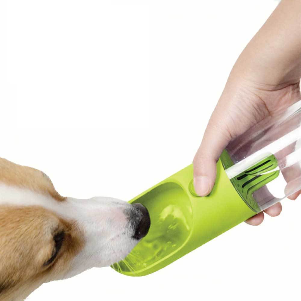 380ml Portable Pet Water Bottle with Filter, designed for outdoor use, featuring a bowl cup and ergonomic handle.