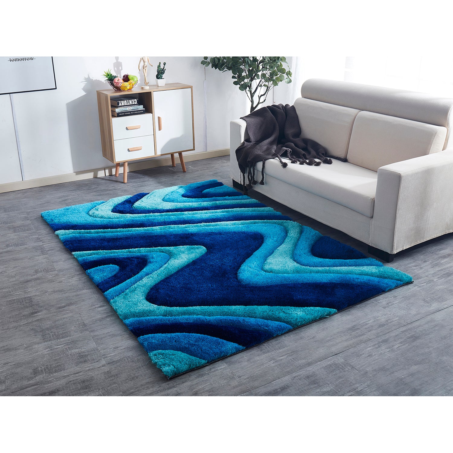 3D Ocean Waves Blue Shag Area Rug featuring vibrant blue colors and plush texture, ideal for beach homes and kids' rooms.