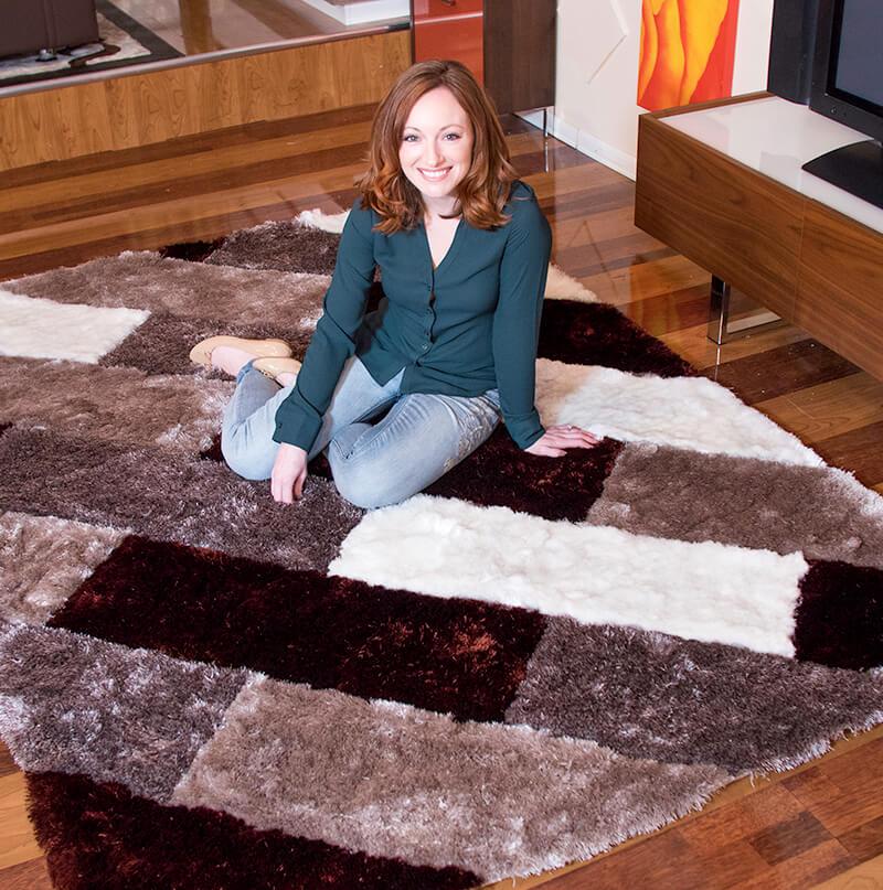 3D Parquette Shaggy Area Rug in beige and brown, showcasing its soft texture and stylish design.