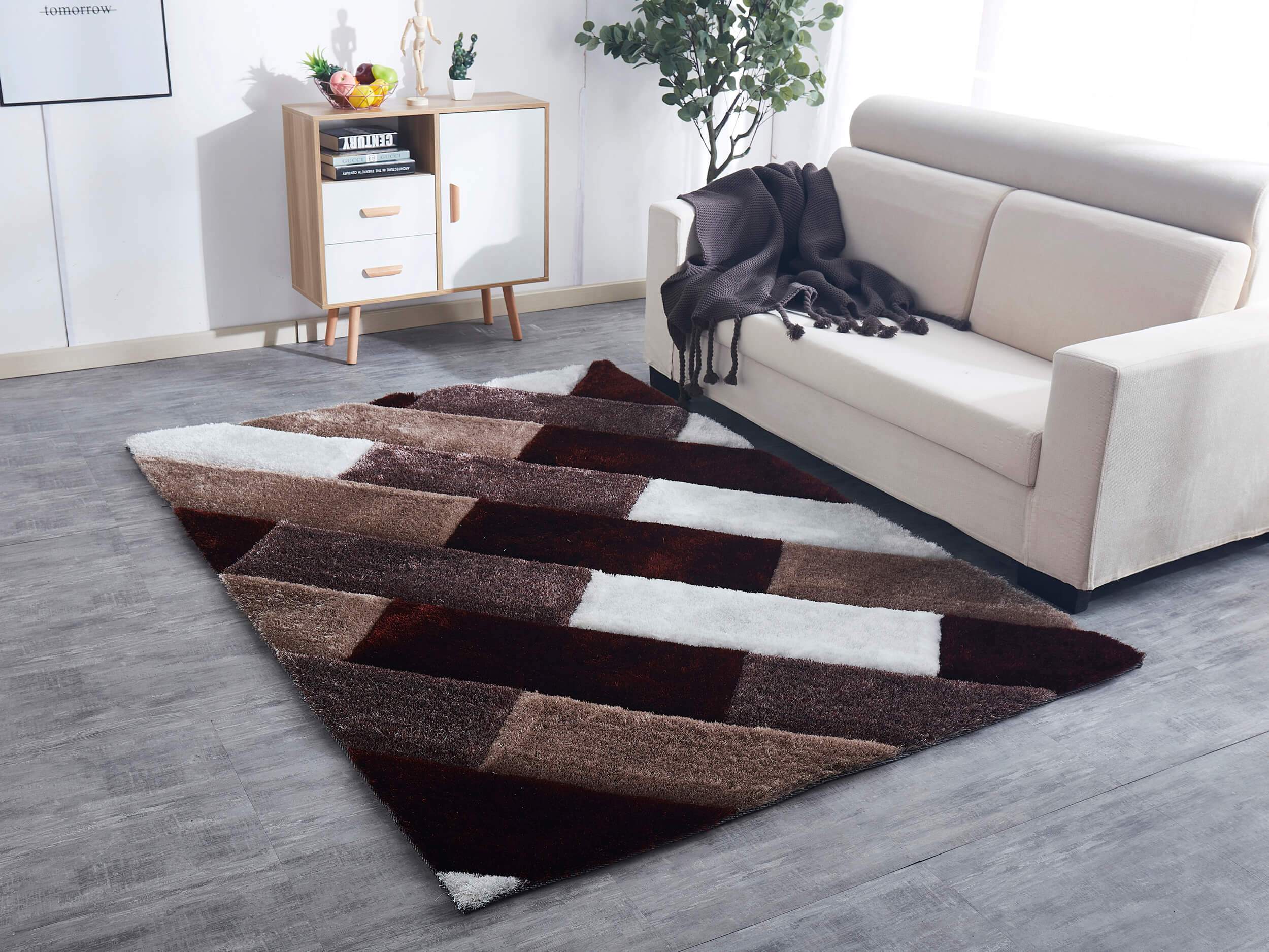 3D Parquette Shaggy Area Rug in beige and brown, showcasing its soft texture and stylish design.