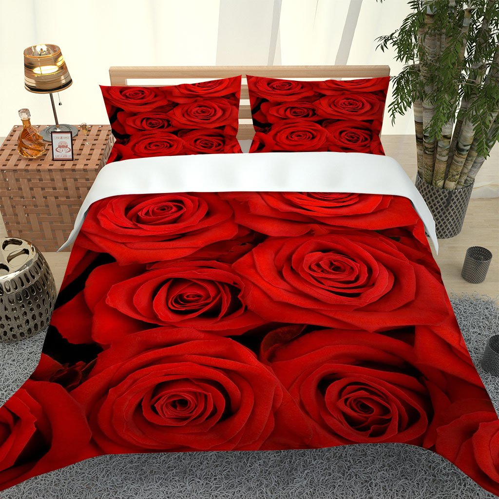 3D Printed Dark Rose Bedding Set featuring a chic quilt cover and matching pillowcases in a modern design.