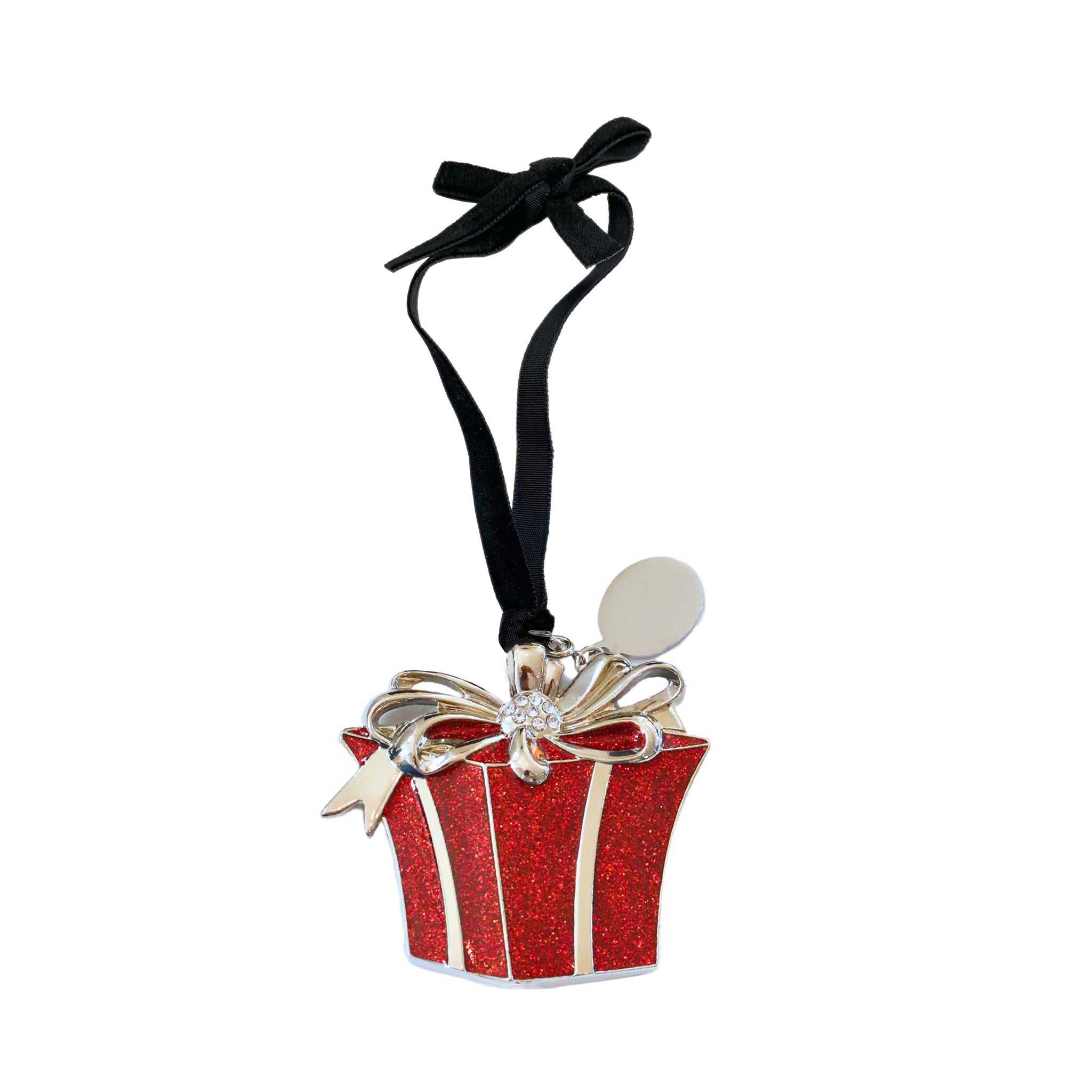 A vibrant 3D Red Gift Box Ornament with an engraving tag, perfect for holiday decorations.