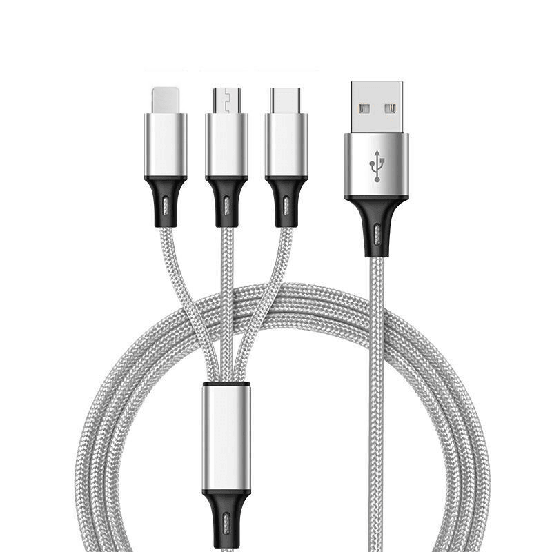 3-in-1 Nylon Braided 4FT Charging Cable in silver color, featuring connectors for iPhone, Type-C, and Micro USB.