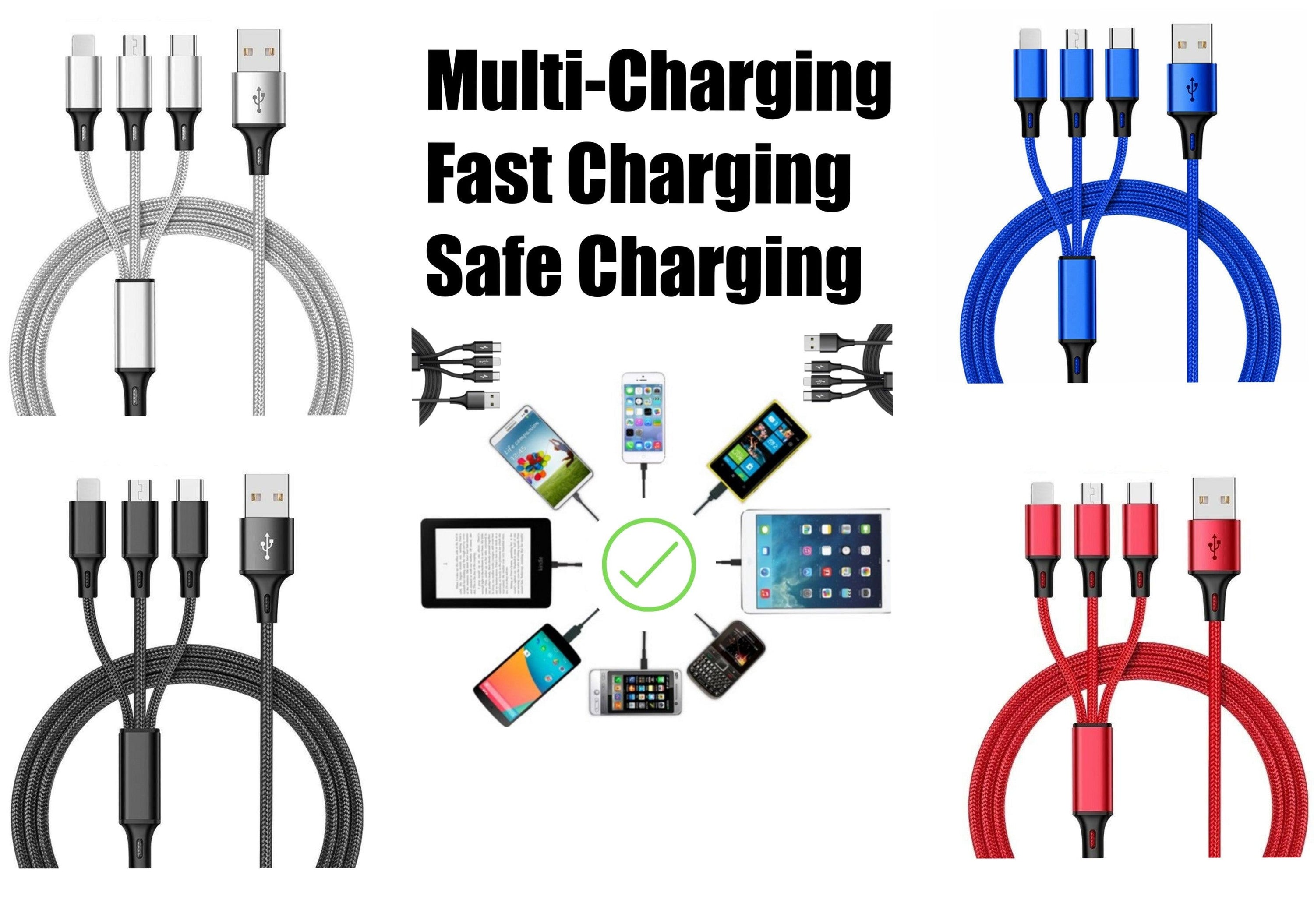 3-in-1 Nylon Braided 4FT Charging Cable in silver color, featuring connectors for iPhone, Type-C, and Micro USB.