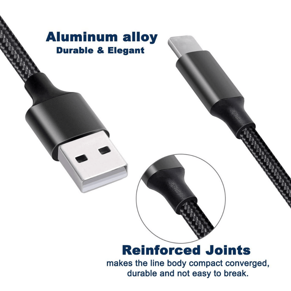 3-in-1 Nylon Braided 4FT Charging Cable in silver color, featuring connectors for iPhone, Type-C, and Micro USB.