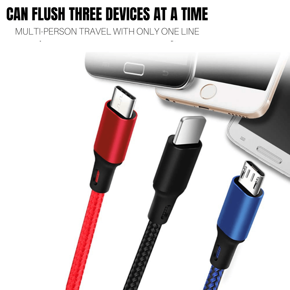 3-in-1 Nylon Braided 4FT Charging Cable in silver color, featuring connectors for iPhone, Type-C, and Micro USB.