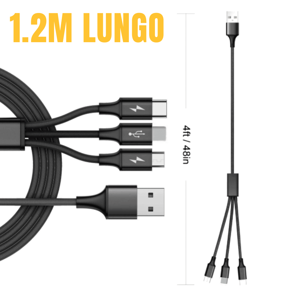 3-in-1 Nylon Braided 4FT Charging Cable in silver color, featuring connectors for iPhone, Type-C, and Micro USB.