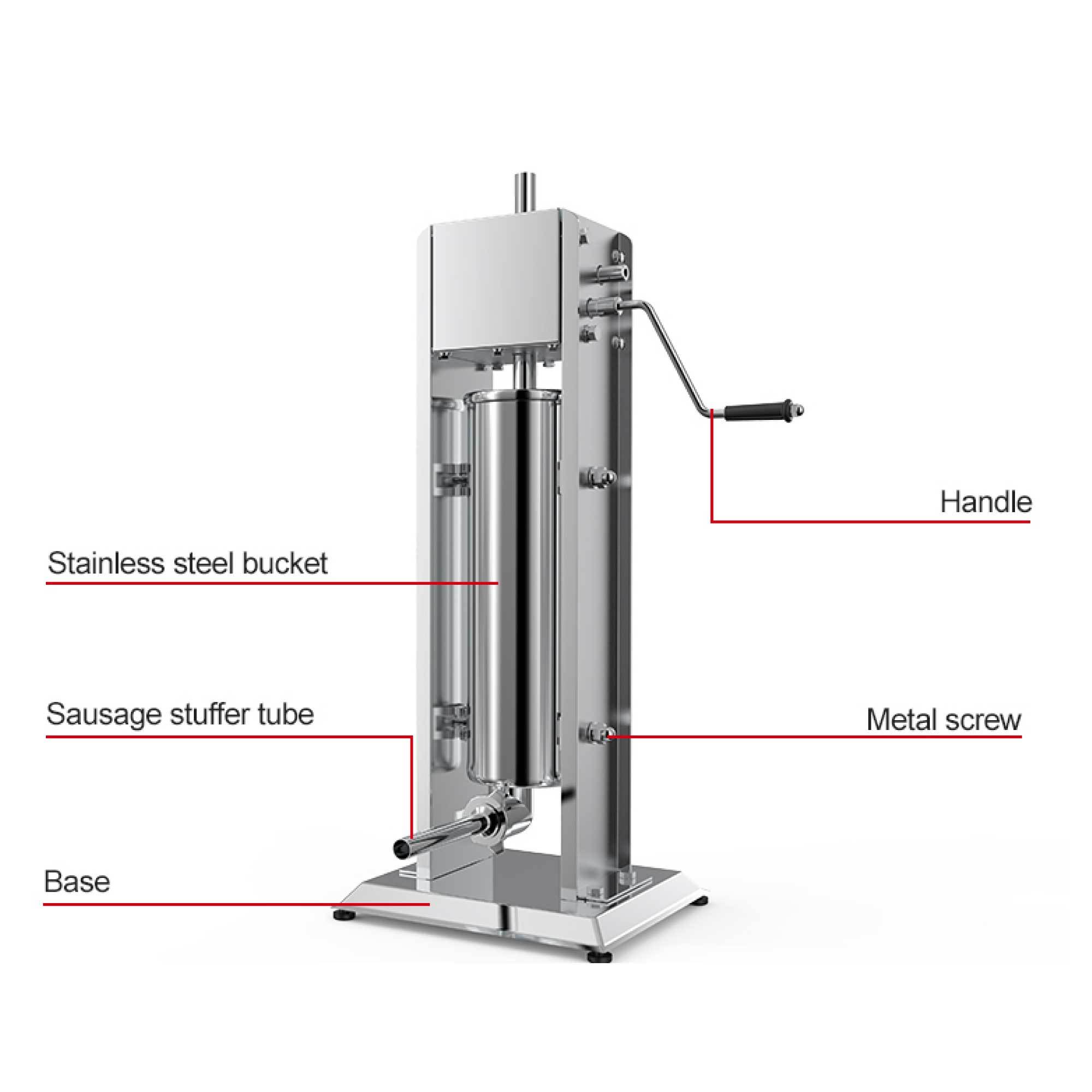 3L Manual Vertical Sausage Filler made of stainless steel with four nozzles and ergonomic handle, ideal for home and commercial sausage making.