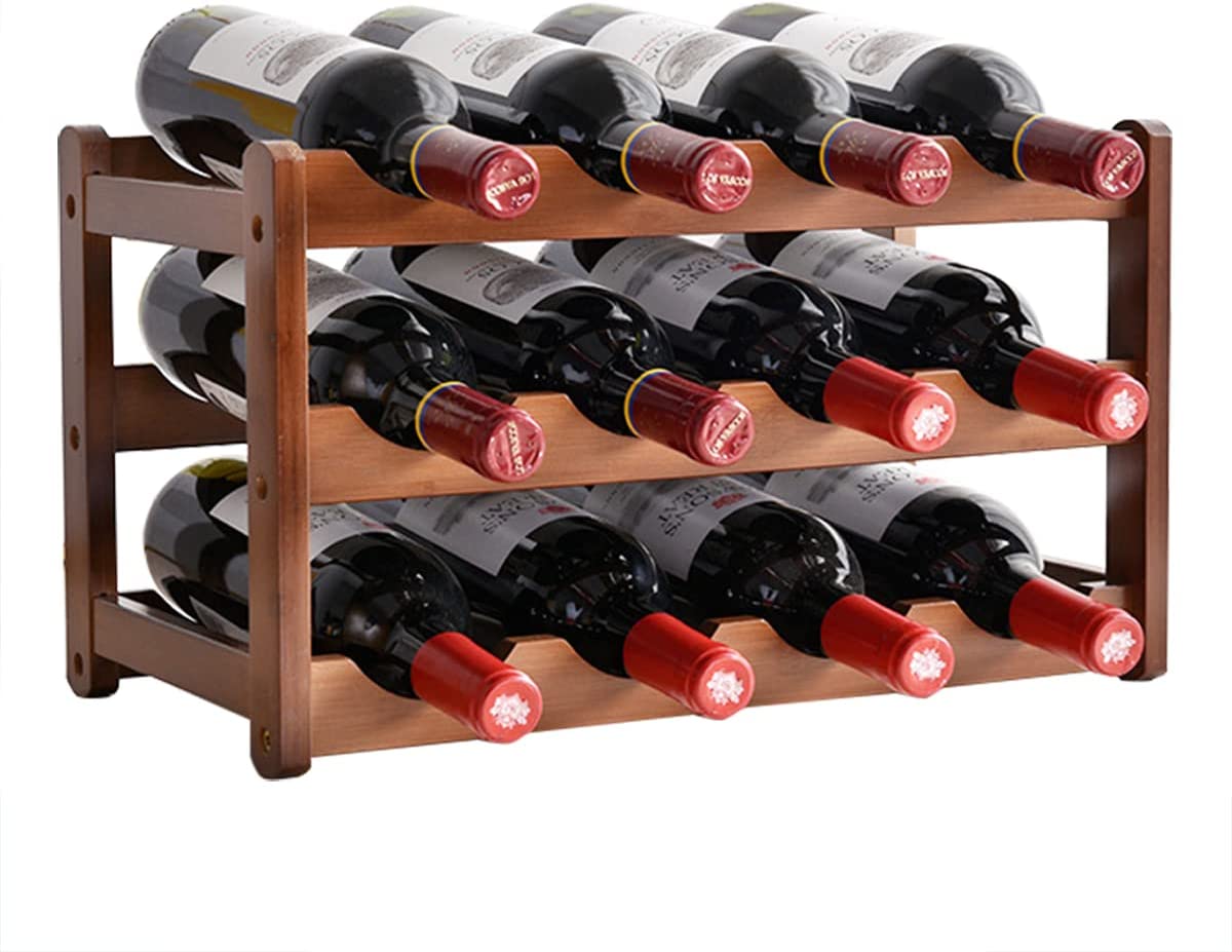 3-layer bamboo wine storage rack holding 12 bottles, showcasing its elegant design and sturdy construction.