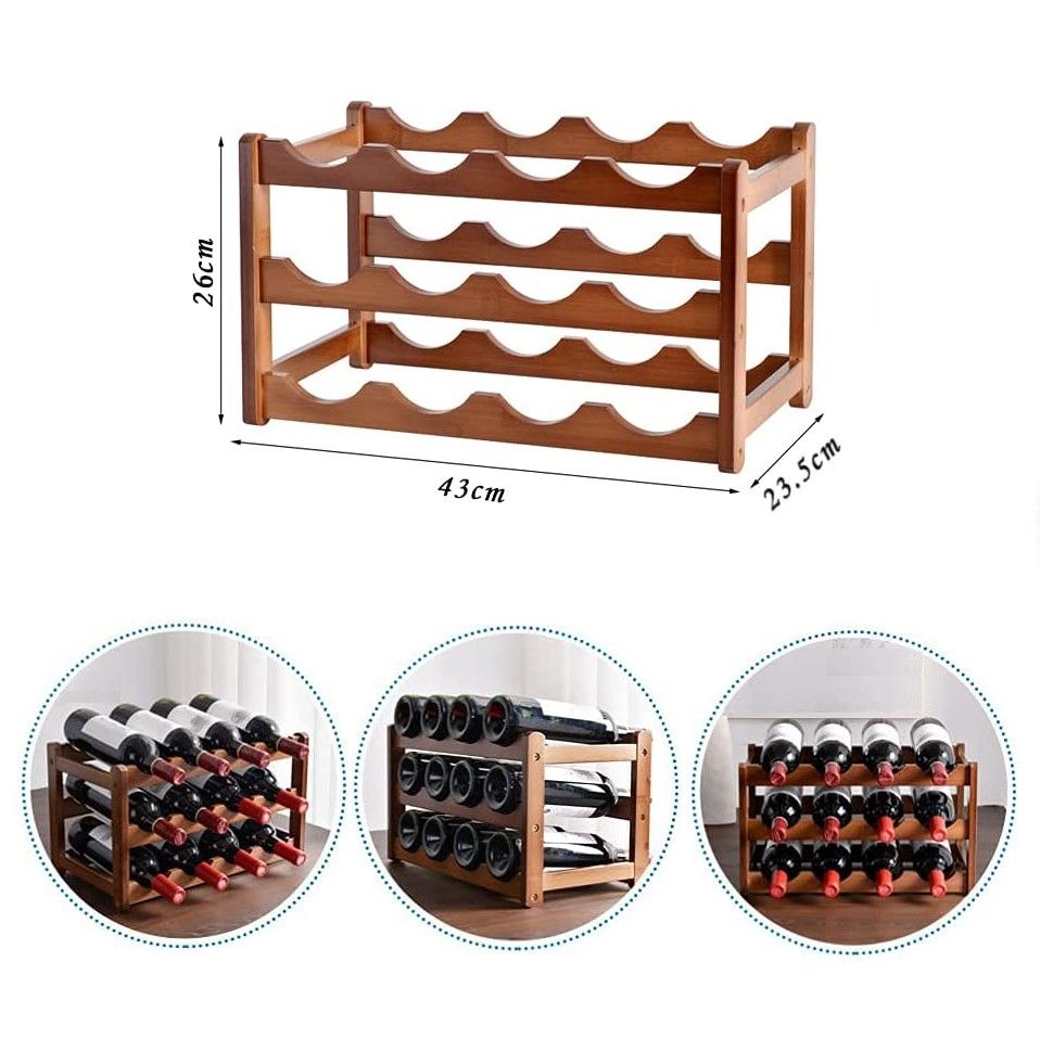 3-layer bamboo wine storage rack holding 12 bottles, showcasing its elegant design and sturdy construction.