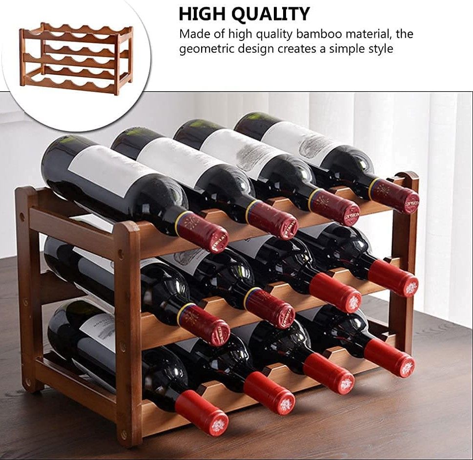 3-layer bamboo wine storage rack holding 12 bottles, showcasing its elegant design and sturdy construction.