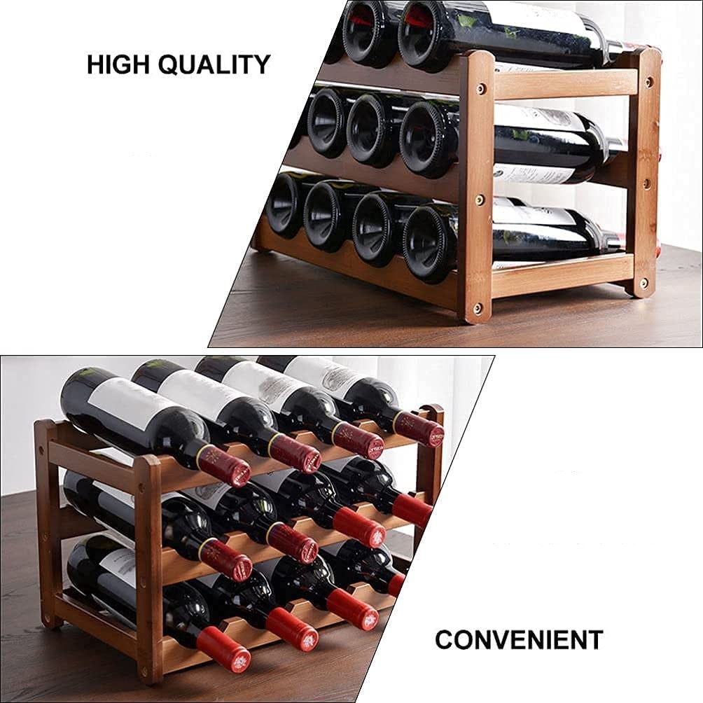 3-layer bamboo wine storage rack holding 12 bottles, showcasing its elegant design and sturdy construction.