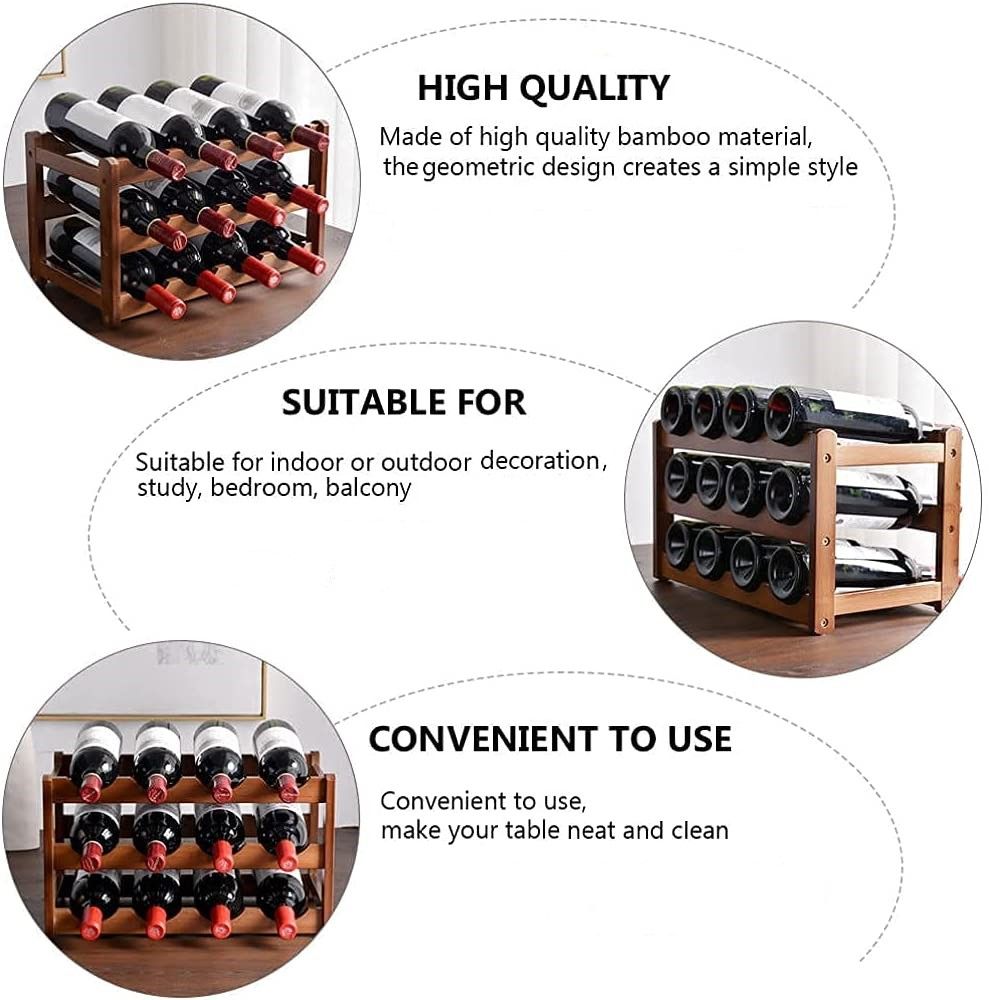 3-layer bamboo wine storage rack holding 12 bottles, showcasing its elegant design and sturdy construction.