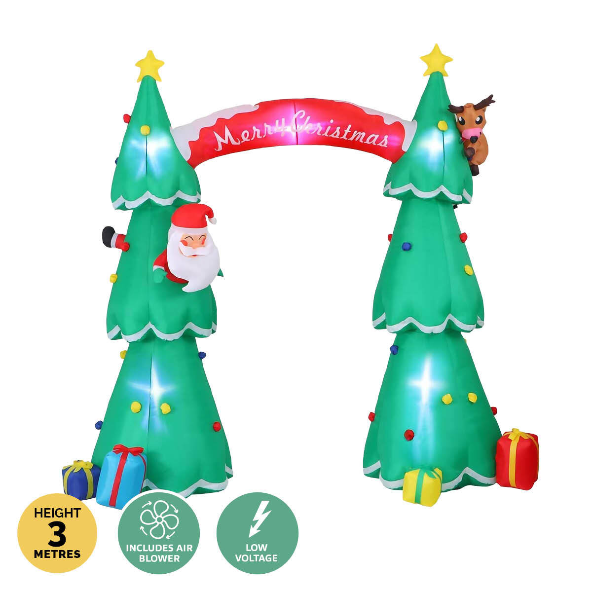 A vibrant 3m x 2.4m inflatable Christmas tree arch with LED lights, featuring Santa and Rudolph, set up outdoors.