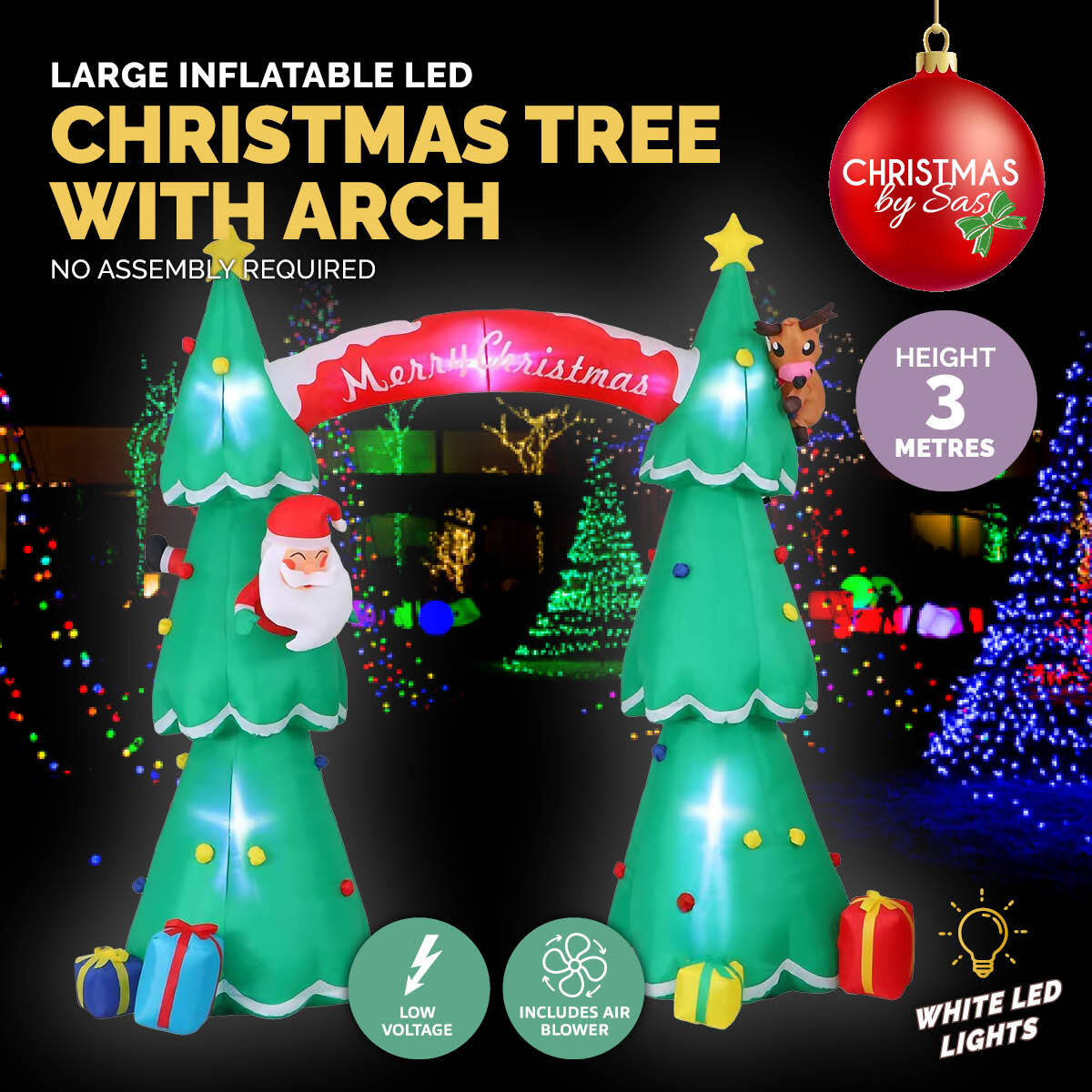 A vibrant 3m x 2.4m inflatable Christmas tree arch with LED lights, featuring Santa and Rudolph, set up outdoors.