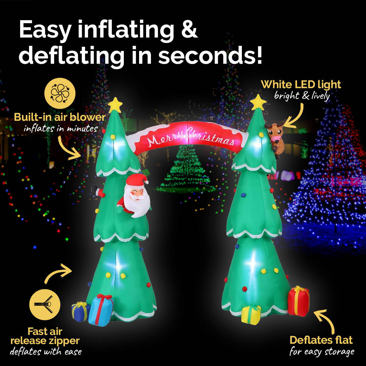 A vibrant 3m x 2.4m inflatable Christmas tree arch with LED lights, featuring Santa and Rudolph, set up outdoors.