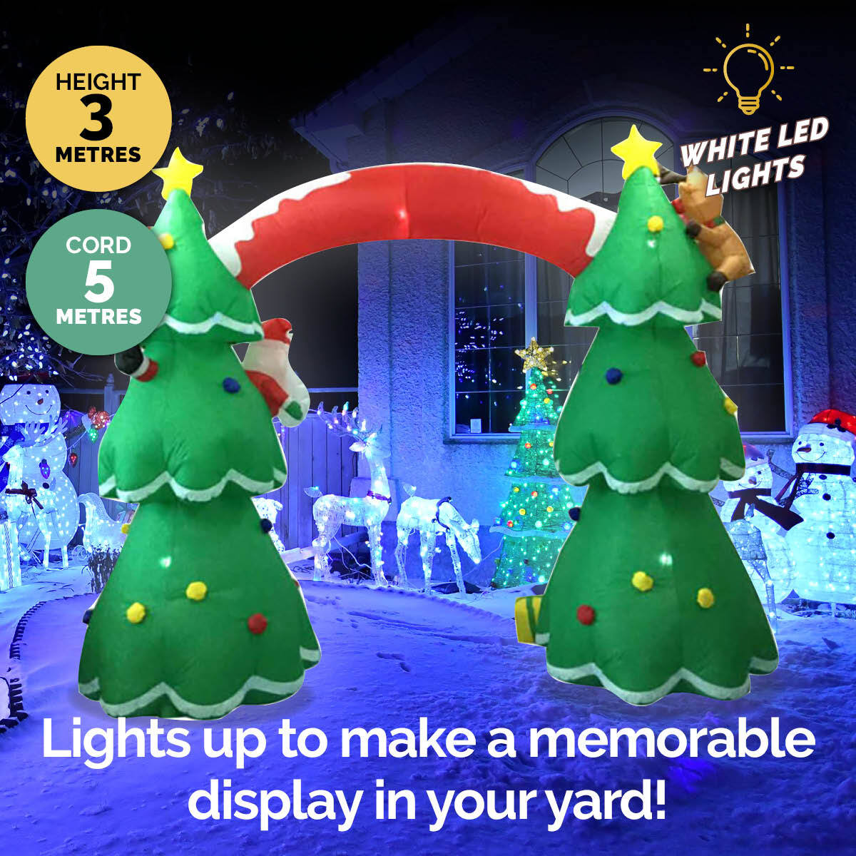 A vibrant 3m x 2.4m inflatable Christmas tree arch with LED lights, featuring Santa and Rudolph, set up outdoors.