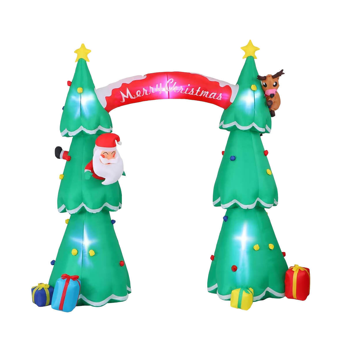 A vibrant 3m x 2.4m inflatable Christmas tree arch with LED lights, featuring Santa and Rudolph, set up outdoors.