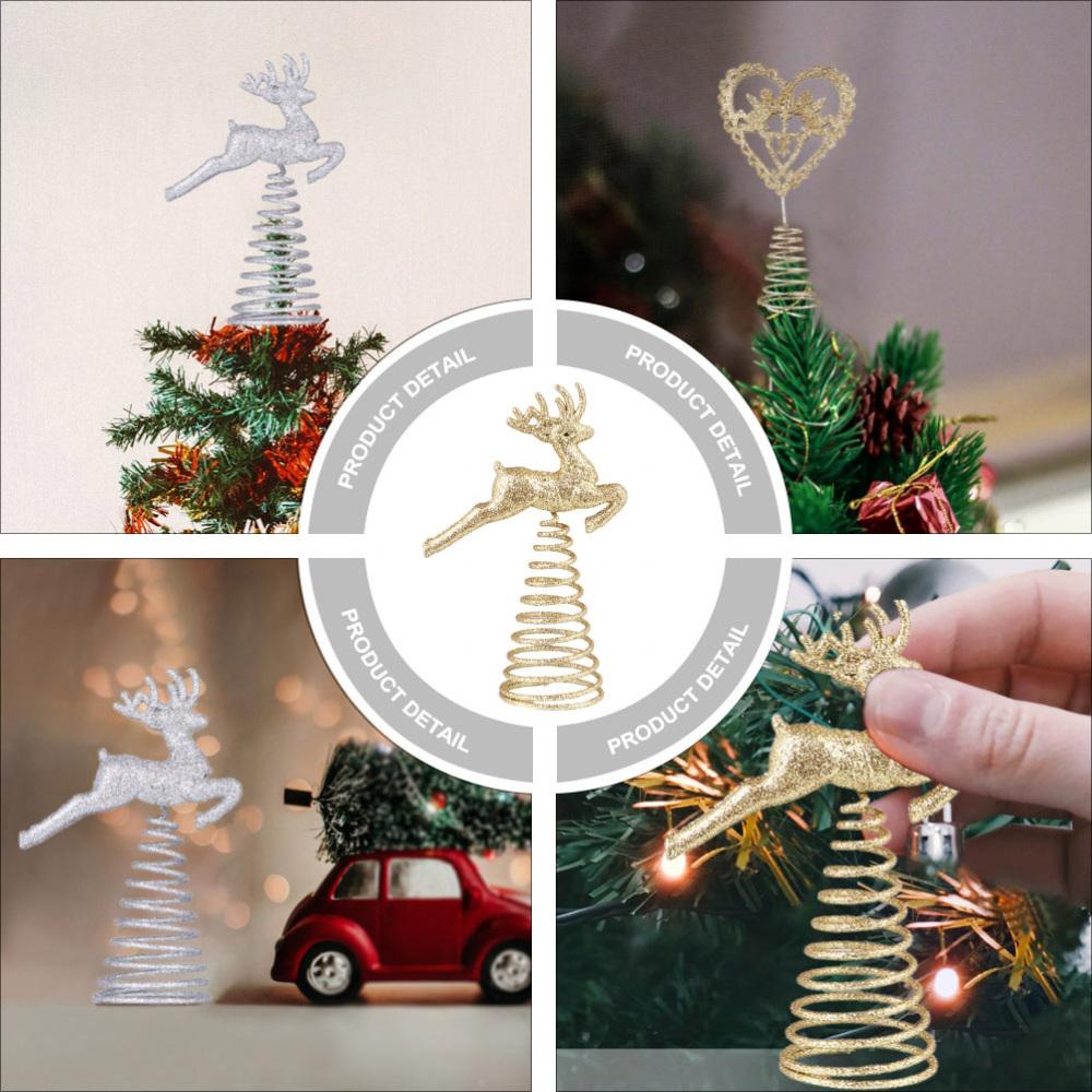 Three creative Christmas treetop ornaments in golden and silver designs, featuring a heart shape and elk styles, perfect for festive decoration.