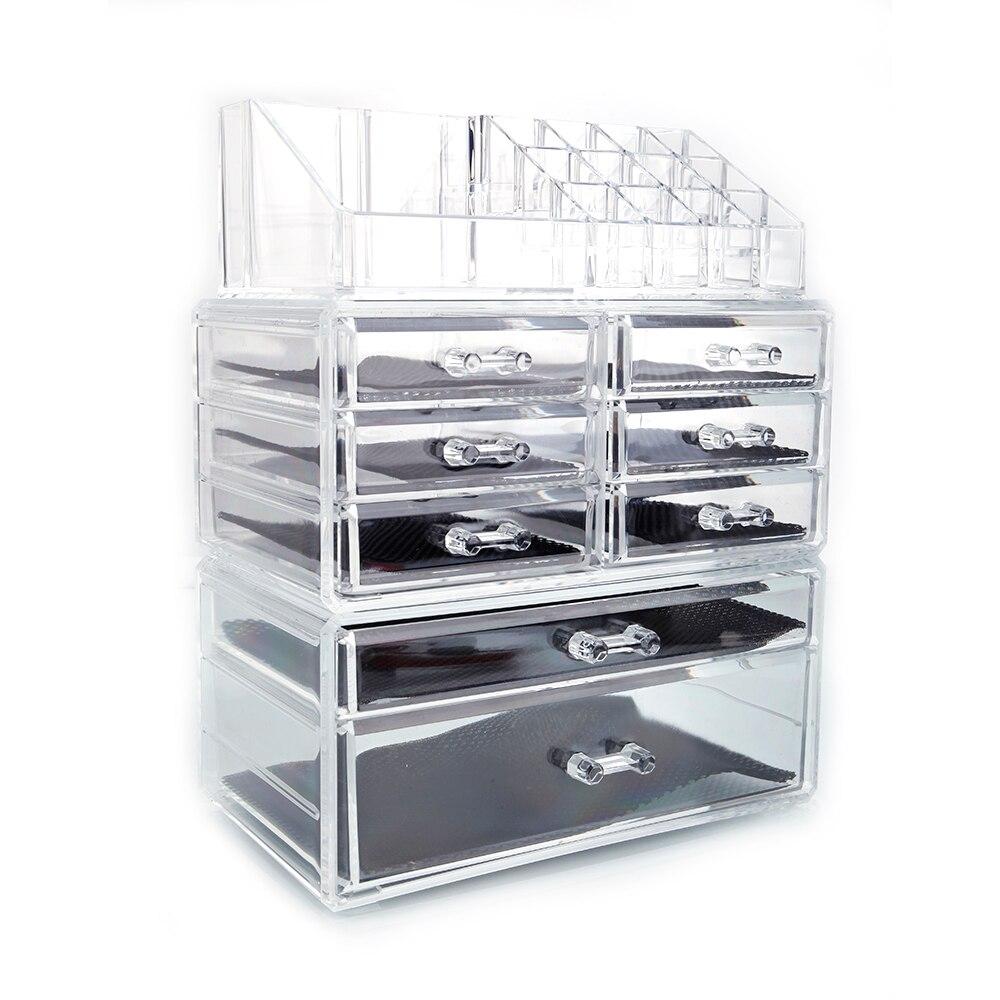 3Pcs Set Cosmetics Storage Rack with transparent drawers for makeup organization, featuring 6 small and 2 large compartments.