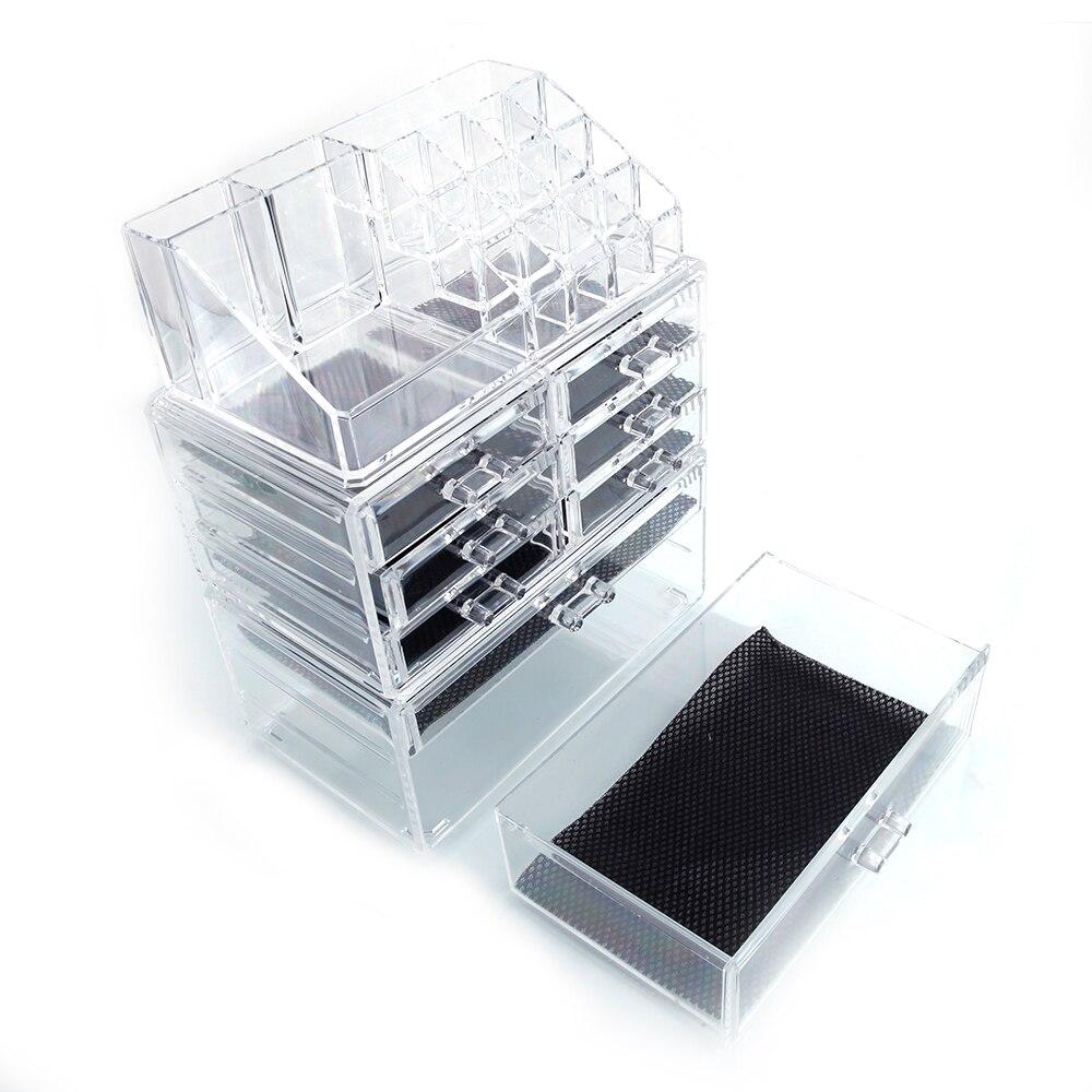 3Pcs Set Cosmetics Storage Rack with transparent drawers for makeup organization, featuring 6 small and 2 large compartments.