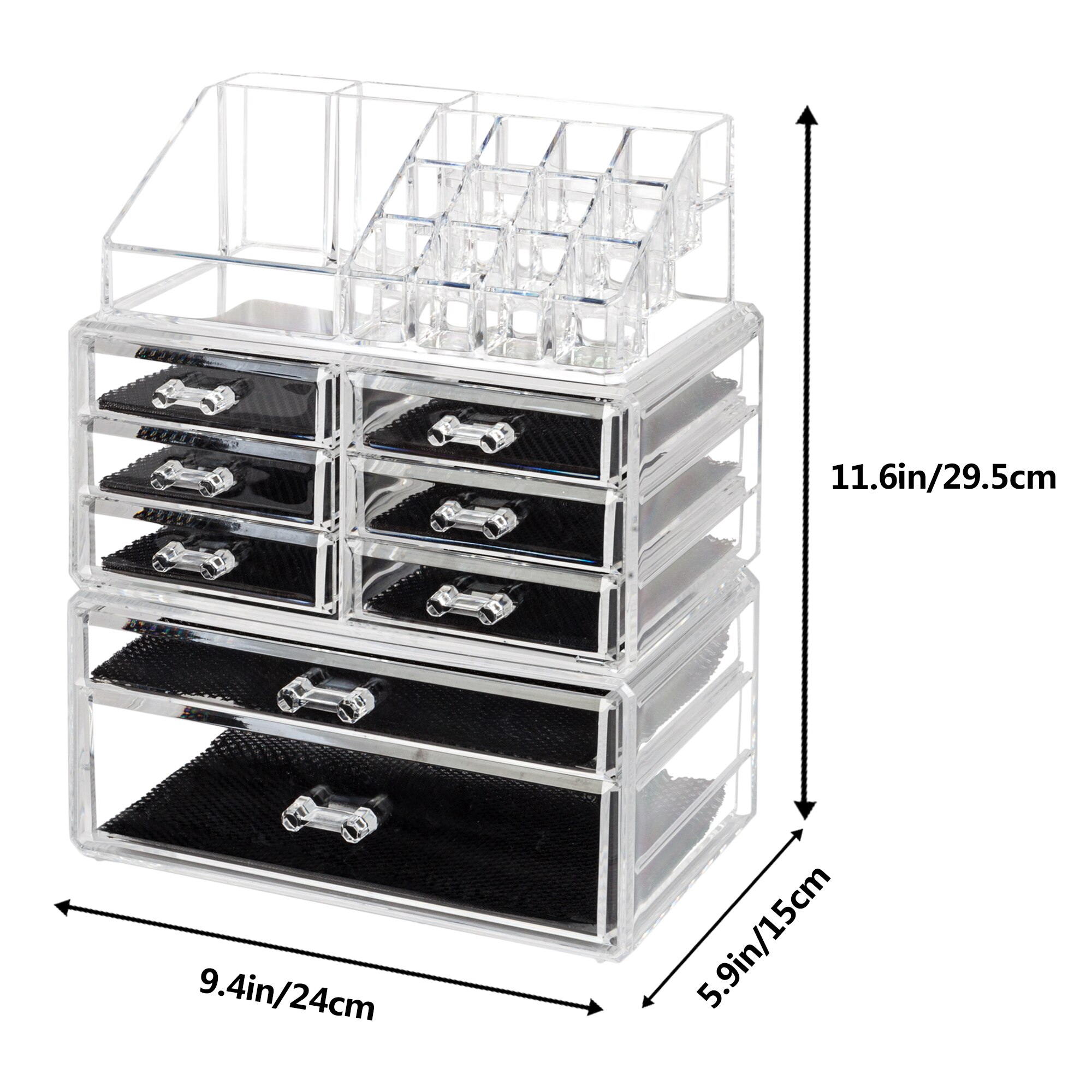 3Pcs Set Cosmetics Storage Rack with transparent drawers for makeup organization, featuring 6 small and 2 large compartments.