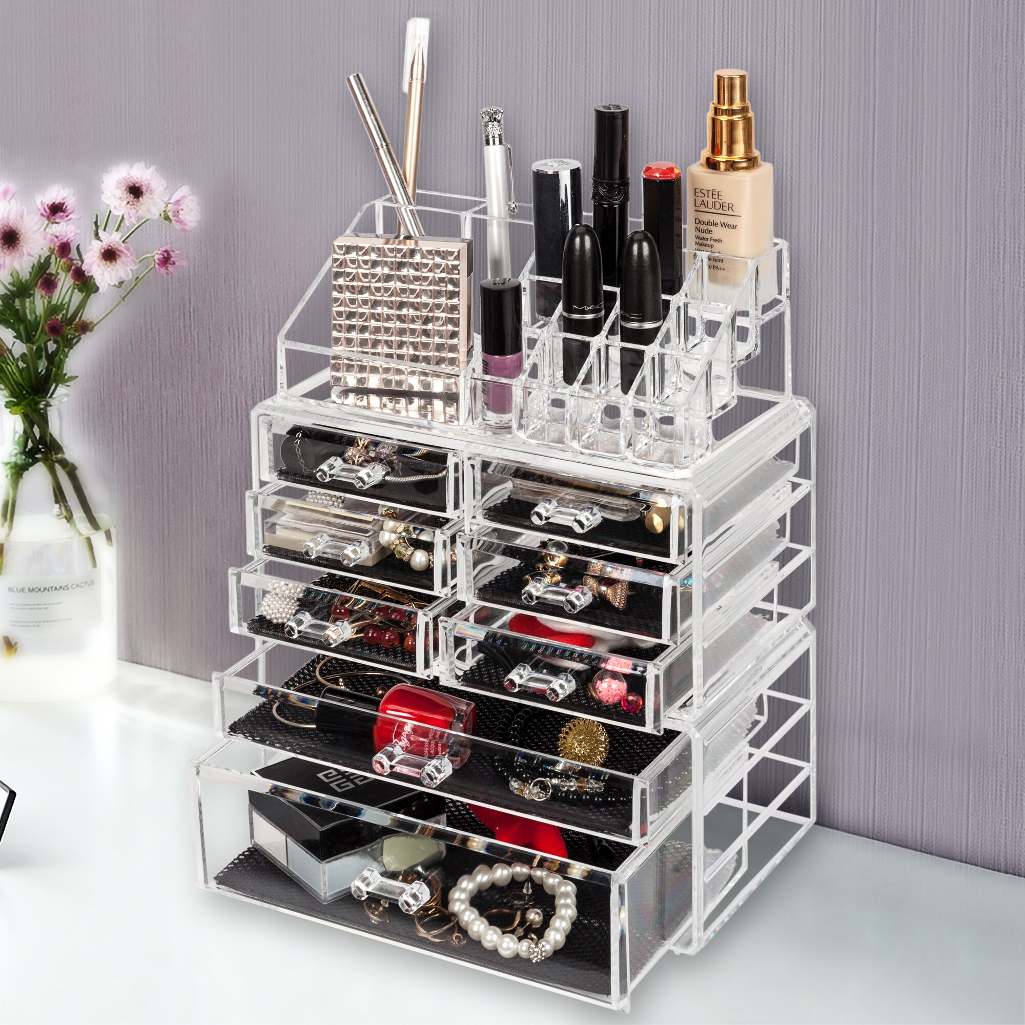 3Pcs Set Cosmetics Storage Rack with transparent drawers for makeup organization, featuring 6 small and 2 large compartments.