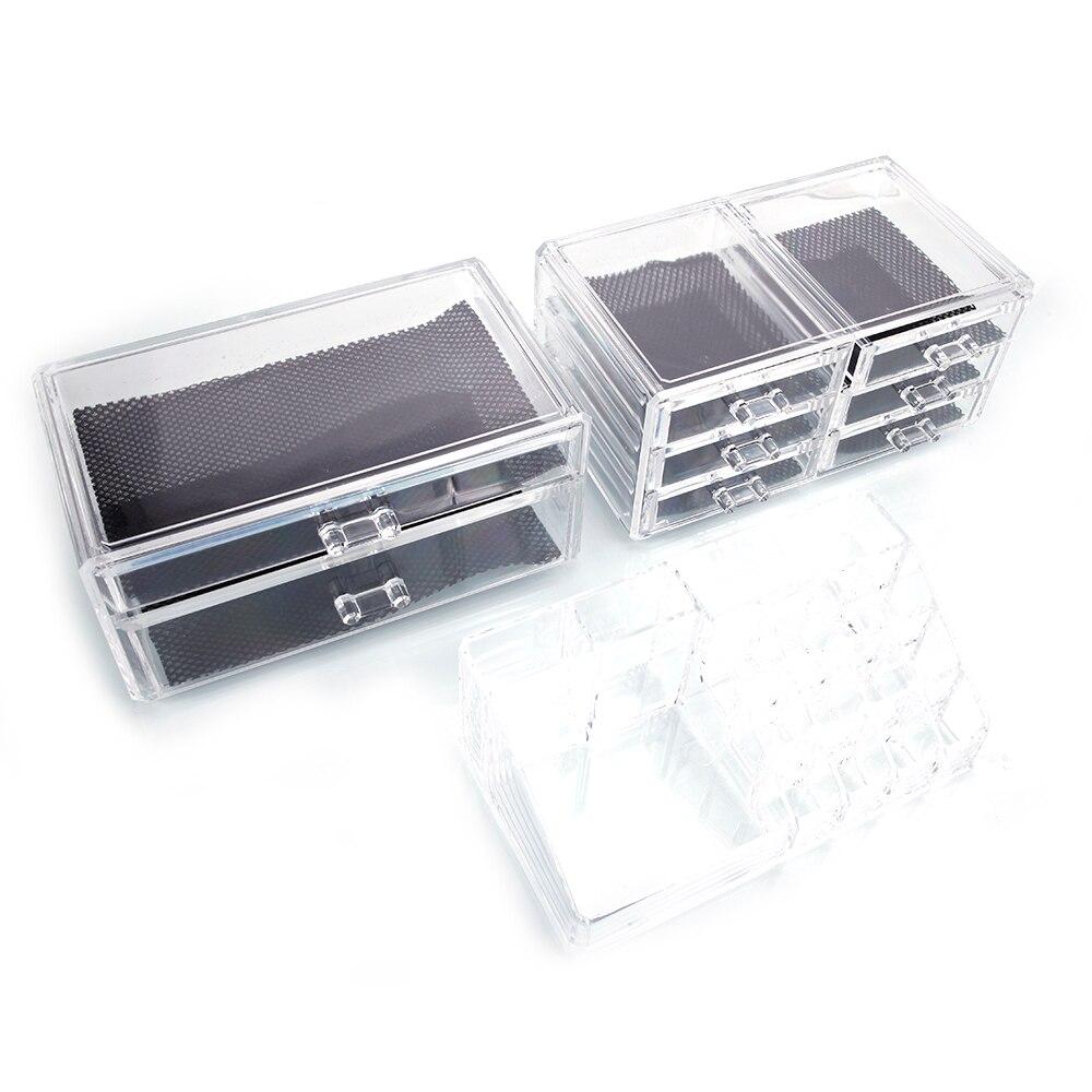 3Pcs Set Cosmetics Storage Rack with transparent drawers for makeup organization, featuring 6 small and 2 large compartments.