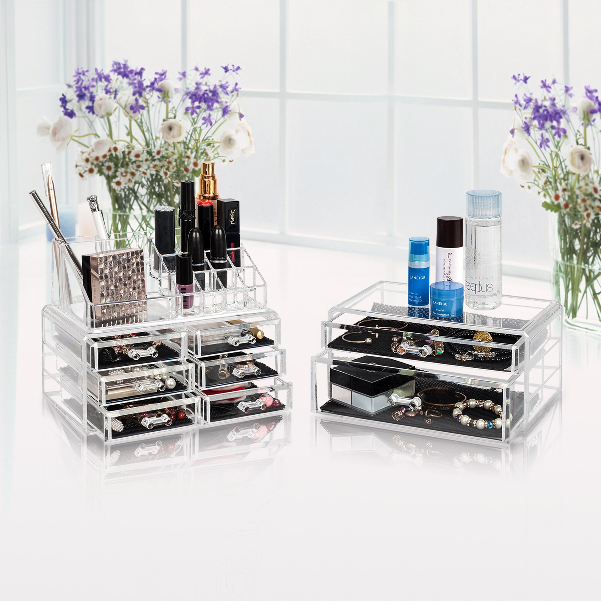 3Pcs Set Cosmetics Storage Rack with transparent drawers for makeup organization, featuring 6 small and 2 large compartments.