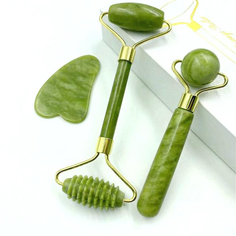 3Pcs Natural Jade Massage Roller and Guasha Board set, featuring a jade roller and guasha scraper in a natural light green color.