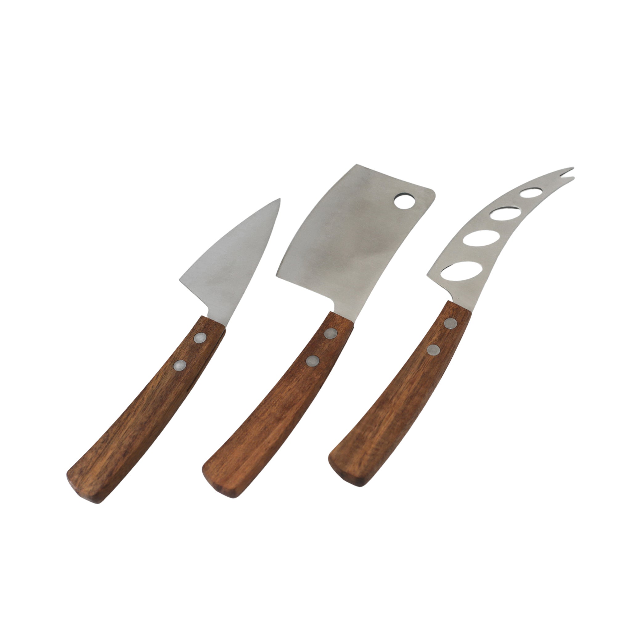 3-Piece Cheese Knife Set featuring acacia wood handles and stainless steel blades, ideal for serving various types of cheese.