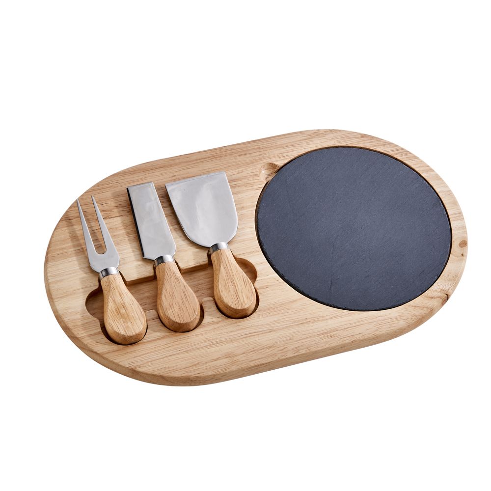 3-Piece Oval Slate & Wood Cheese Board Set featuring a rubberwood board, round slate tray, and stainless steel cheese knives arranged elegantly.