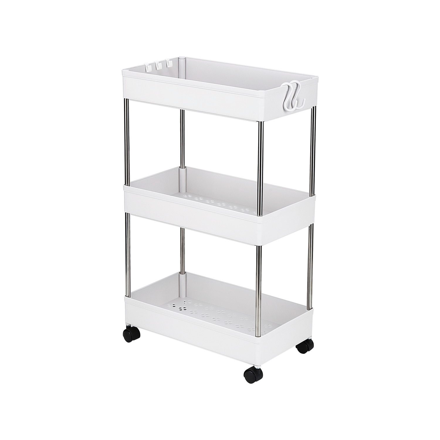 3-Tier Mobile Multi-Purpose Storage Cart in white, made of stainless steel and plastic, designed for kitchen, bathroom, and laundry room use.