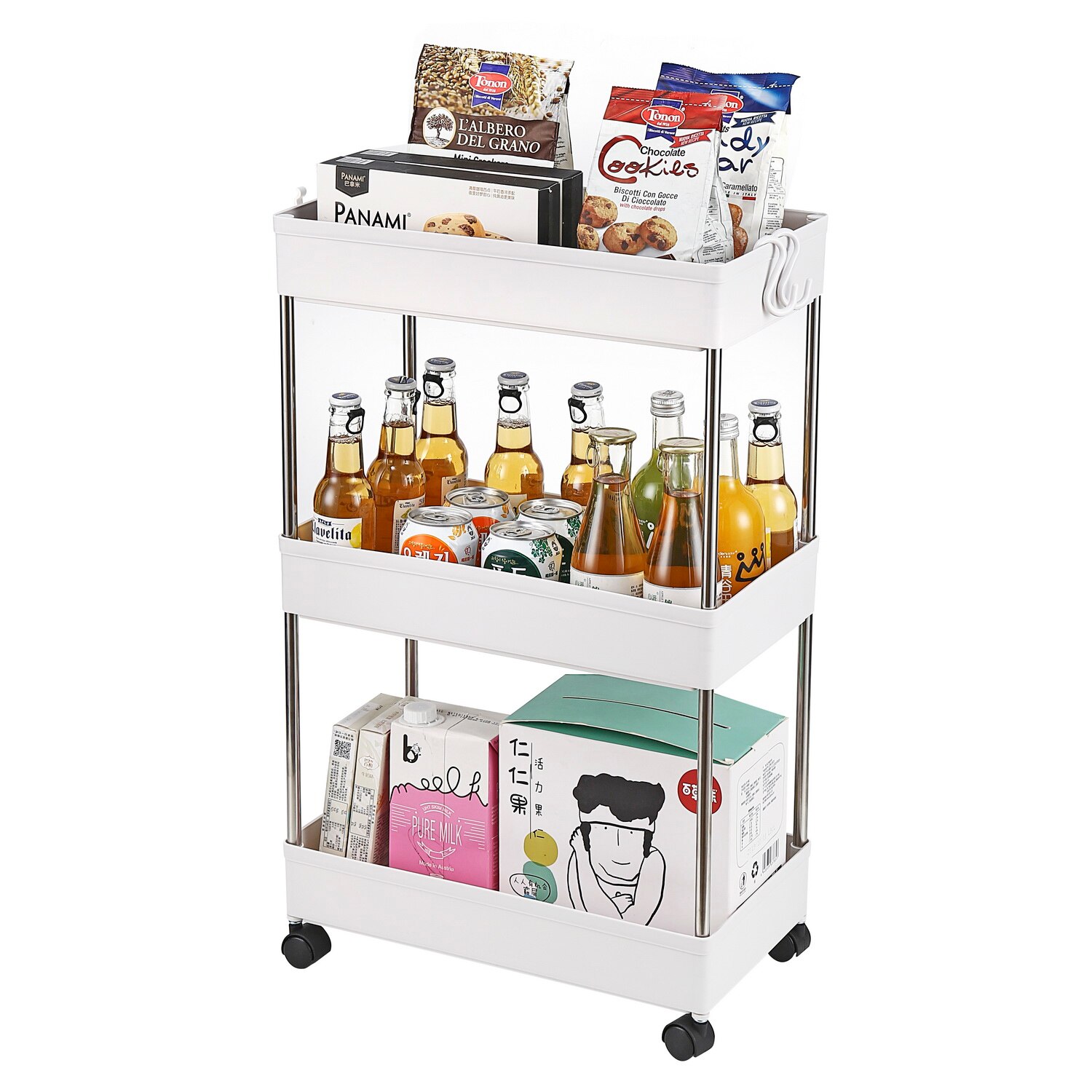 3-Tier Mobile Multi-Purpose Storage Cart in white, made of stainless steel and plastic, designed for kitchen, bathroom, and laundry room use.