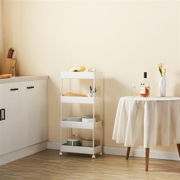 3-Tier Mobile Multi-Purpose Storage Cart in white, made of stainless steel and plastic, designed for kitchen, bathroom, and laundry room use.