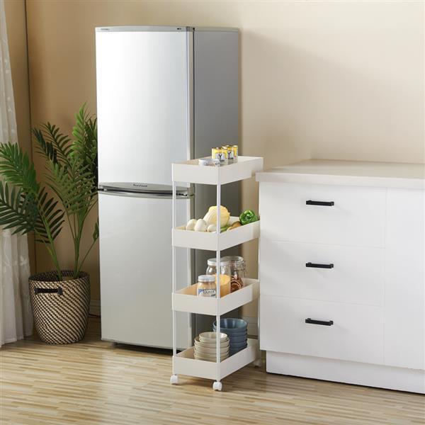 3-Tier Mobile Multi-Purpose Storage Cart in white, made of stainless steel and plastic, designed for kitchen, bathroom, and laundry room use.