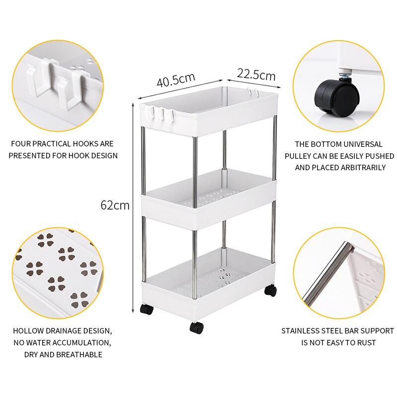 3-Tier Mobile Multi-Purpose Storage Cart in white, made of stainless steel and plastic, designed for kitchen, bathroom, and laundry room use.