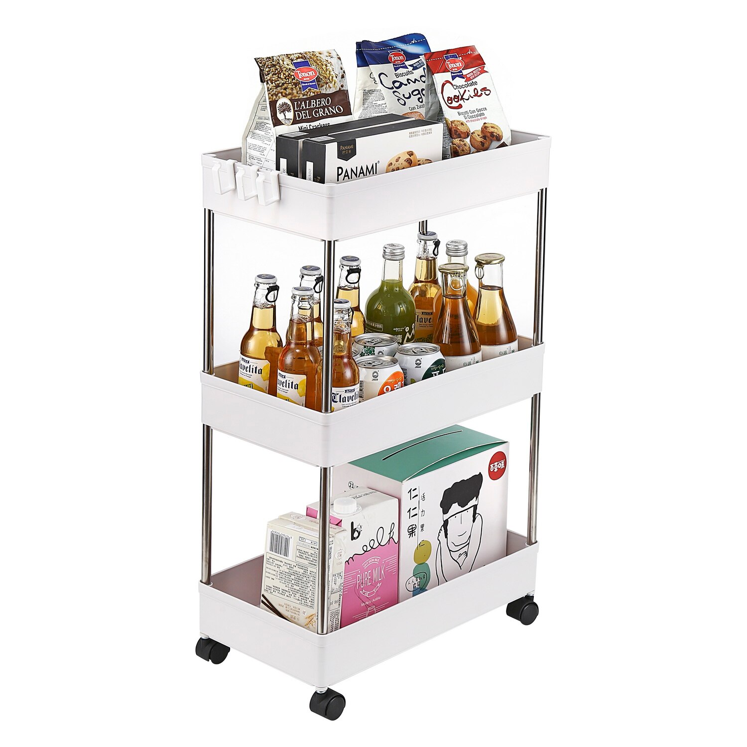 3-Tier Mobile Multi-Purpose Storage Cart in white, made of stainless steel and plastic, designed for kitchen, bathroom, and laundry room use.