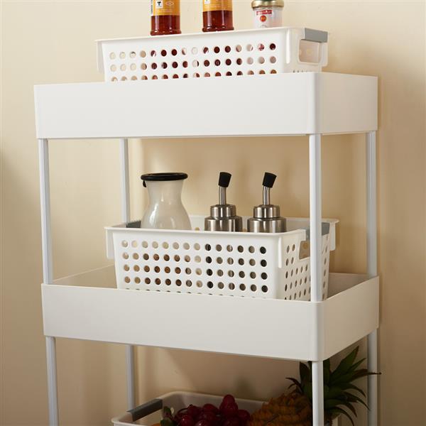 3-Tier Mobile Multi-Purpose Storage Cart in white, made of stainless steel and plastic, designed for kitchen, bathroom, and laundry room use.