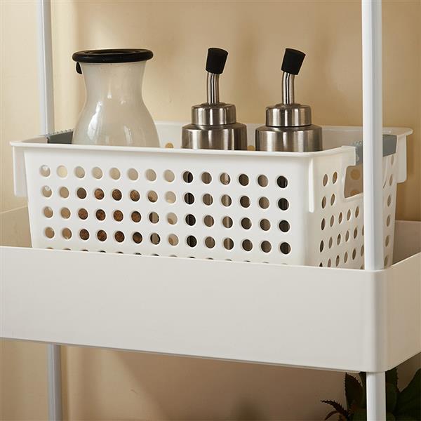 3-Tier Mobile Multi-Purpose Storage Cart in white, made of stainless steel and plastic, designed for kitchen, bathroom, and laundry room use.