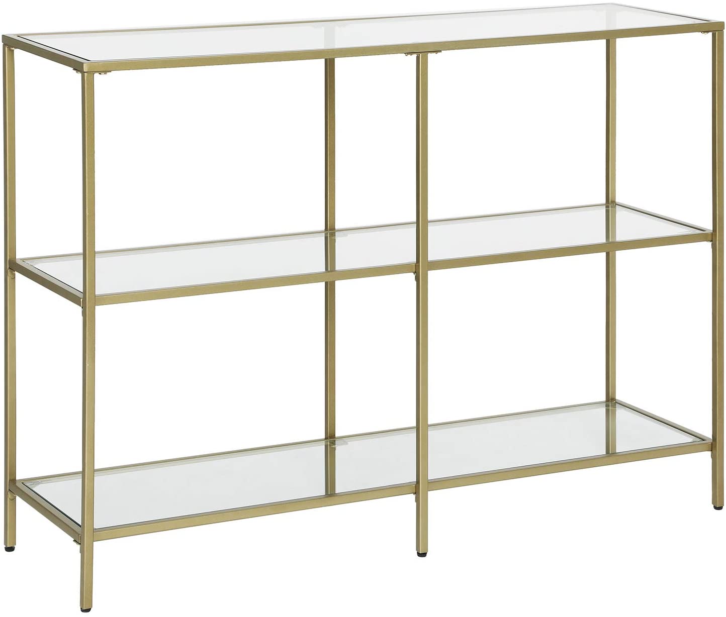 A modern 3-tier tempered glass sofa table with a sleek golden metal frame, showcasing books and decorative plants.