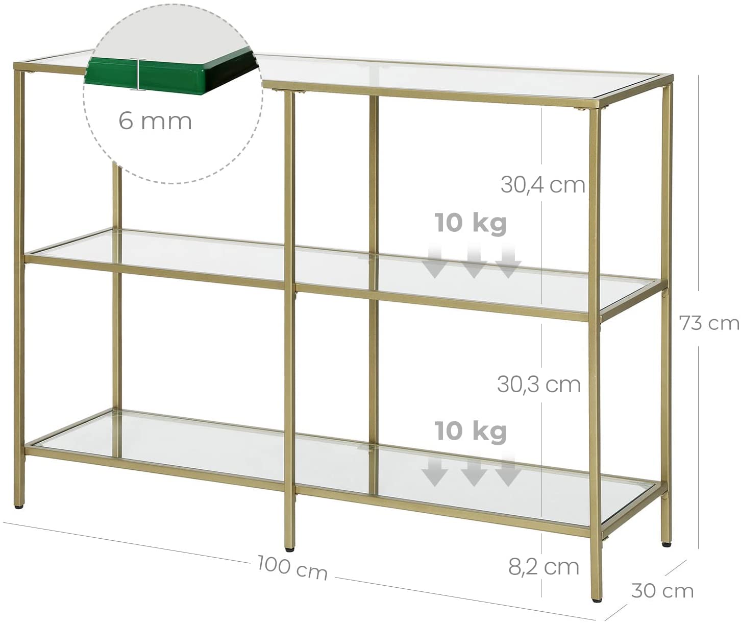 A modern 3-tier tempered glass sofa table with a sleek golden metal frame, showcasing books and decorative plants.