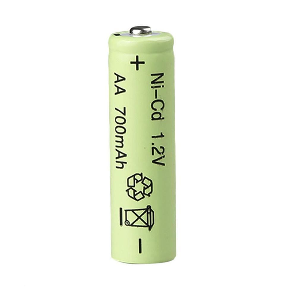 Three AA rechargeable Ni-Cd batteries with 700 mAh capacity, green color, ideal for various electronic devices.