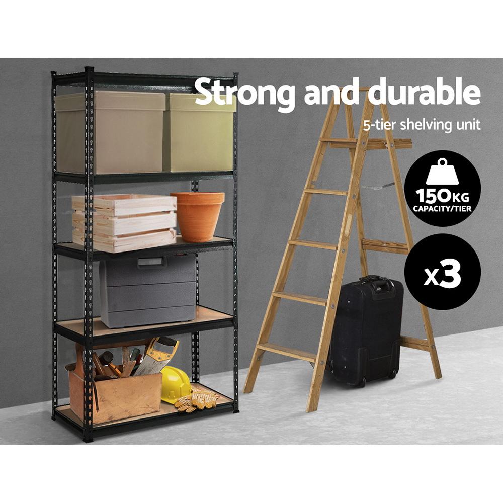 3x1.5M Warehouse Shelving Racking with five tiers, made of industrial strength steel, showcasing a matte black finish.